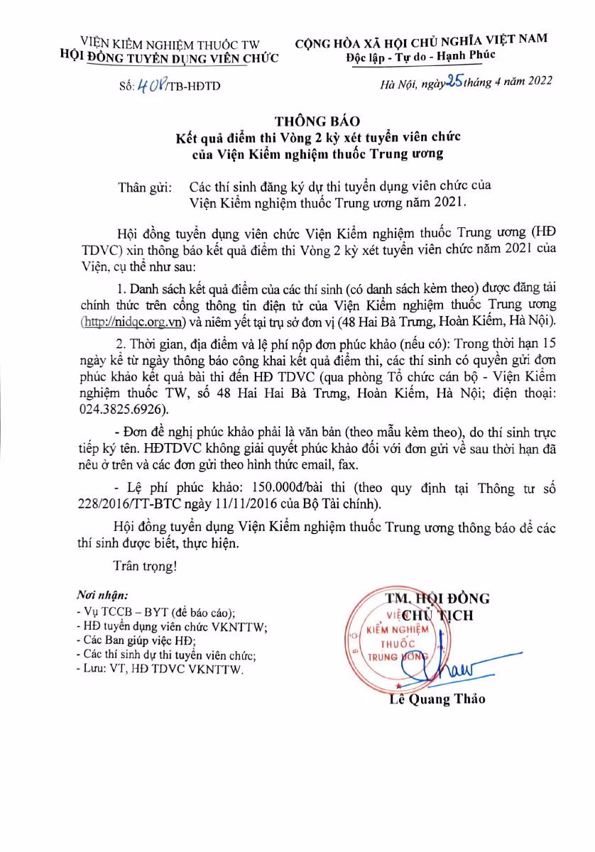 THÔNG BÁO: Kết quả thi Vòng 2 kỳ thi xét tuyển viên chức của Viện Kiểm nghiệm thuốc Trung ương